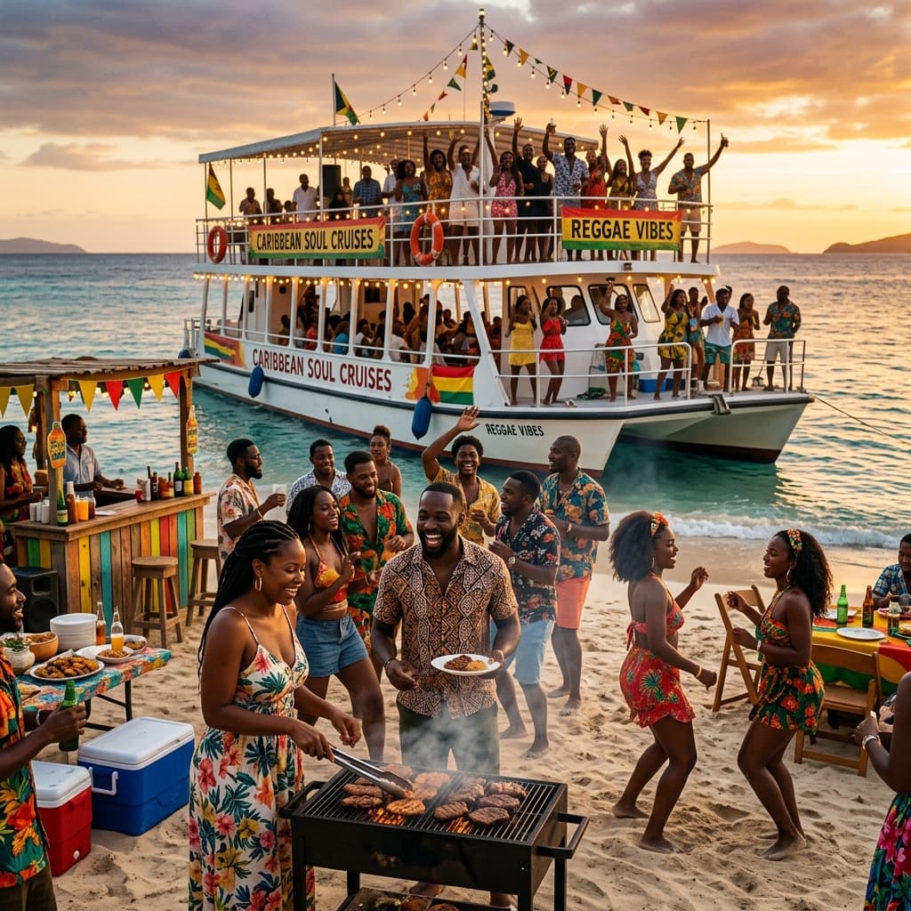 Black people enjoying a beachfront barbecue and boat cruise at sunset